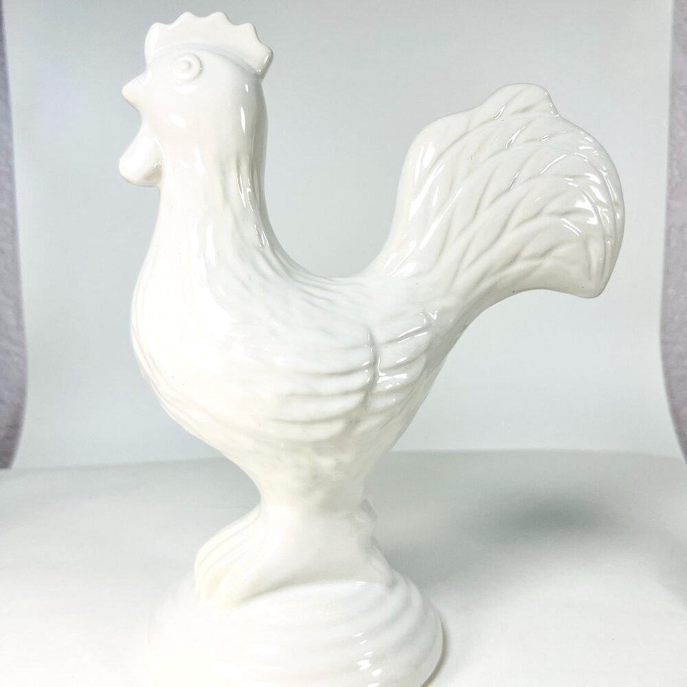 Vtg Ceramic Rooster Hen‎ Chicken Figurine Home Decor White Glaze Ceramic 8.5"